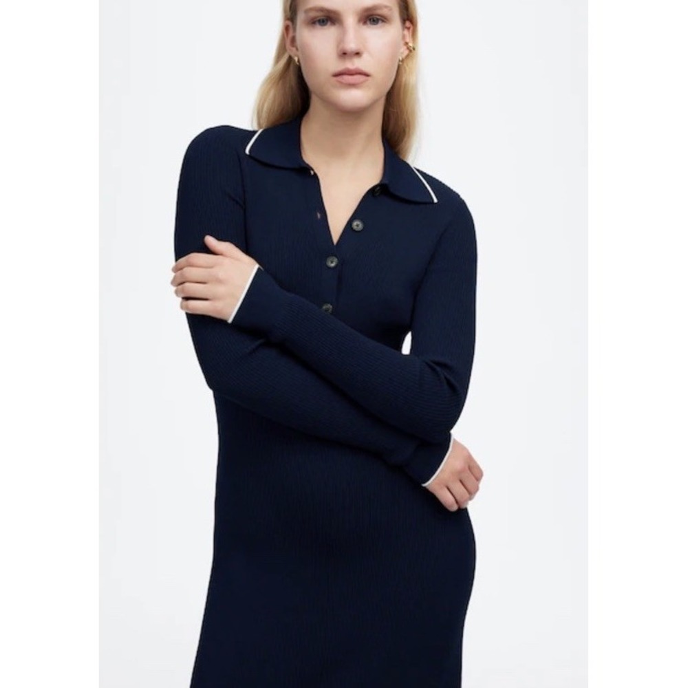 Madewell‎ ribbed knit collared button midi sweater dress navy white tipping S